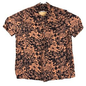 Mens Express Button Up Shirt Short Sleeve Floral Brown Leaves Sz L